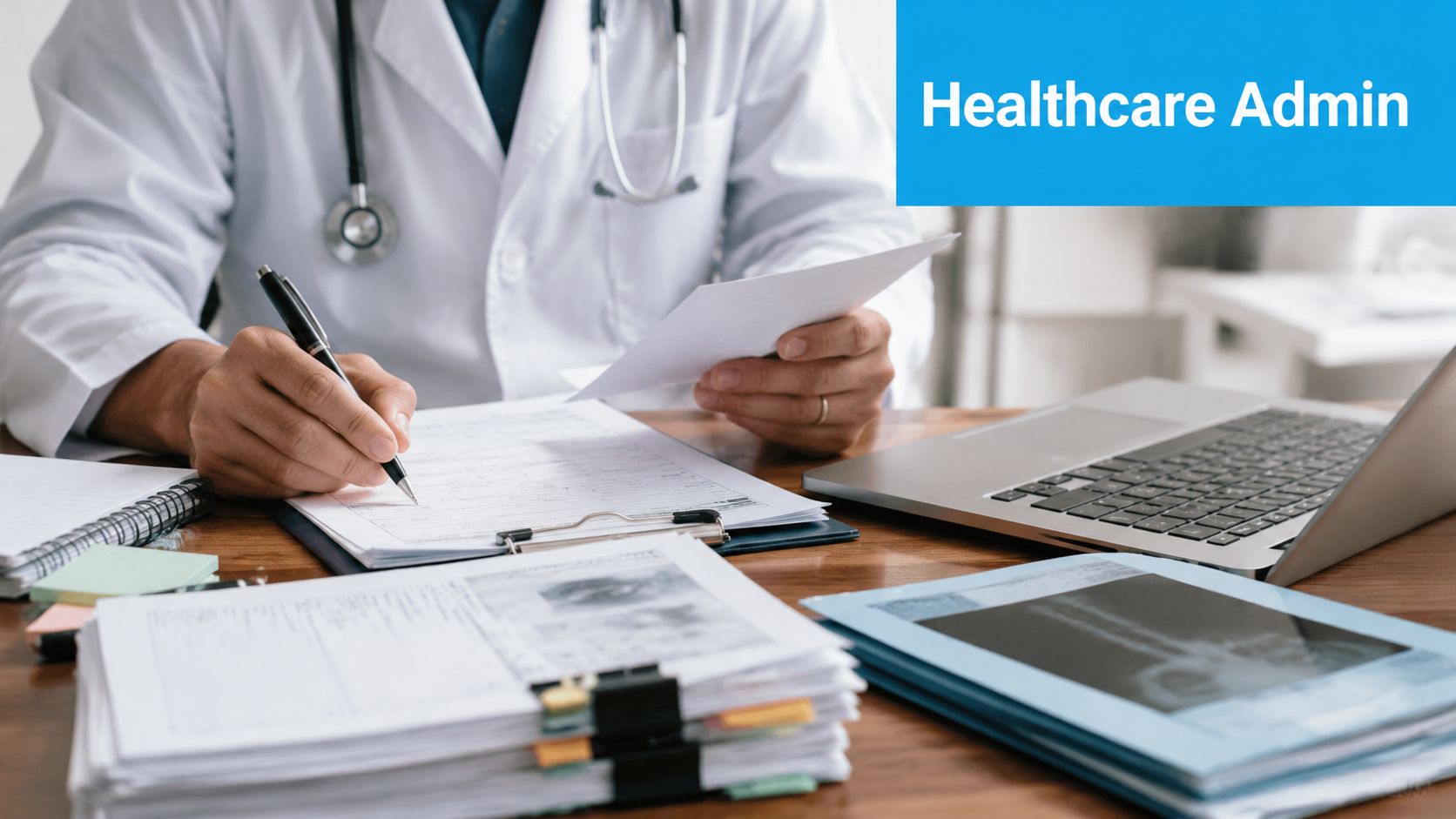A doctor in a white coat reviewing medical paperwork at a desk with a laptop and files.