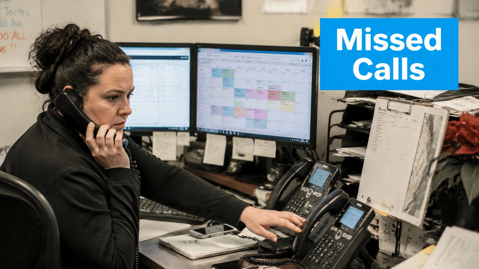 A professional woman in a dark shirt multitasking while taking calls at a busy office desk.