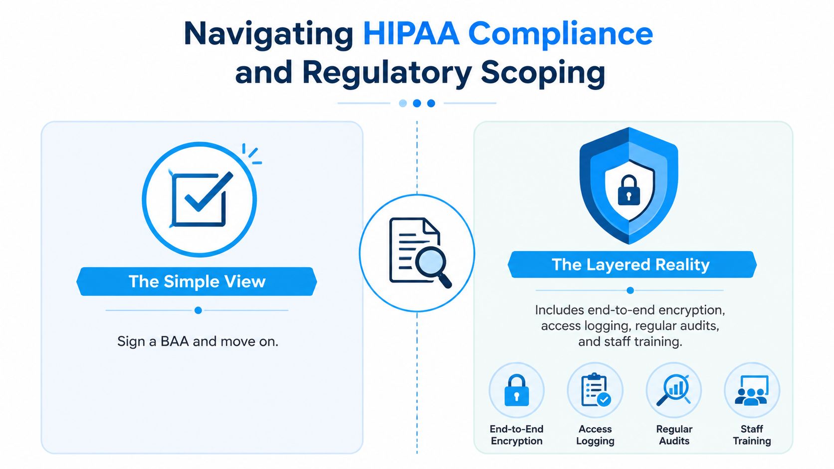 An infographic contrasting the simple view of HIPAA compliance versus the complex, layered reality of medical regulations.