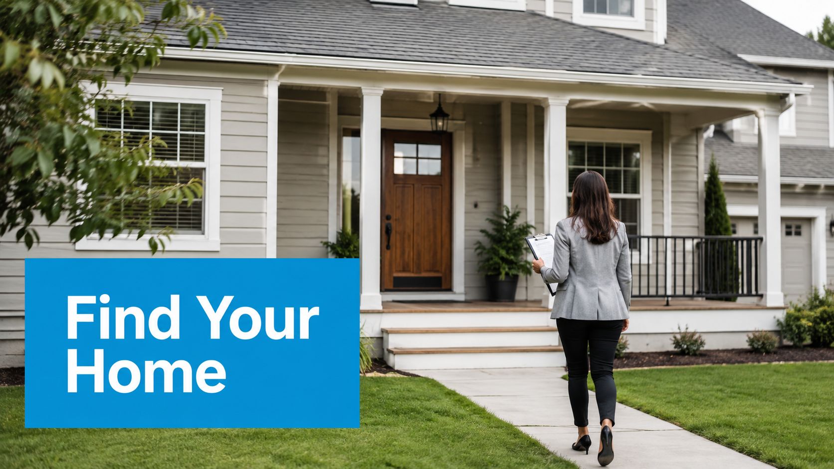 A real estate professional holding a clipboard walks toward a suburban home entrance to show properties.