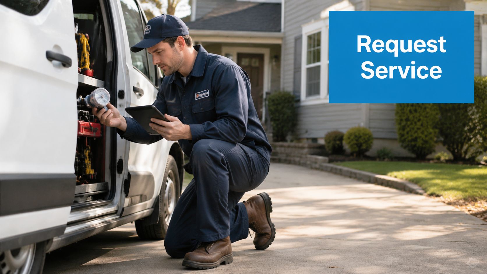 A service technician in blue work uniform kneeling by a van to inspect equipment for service.