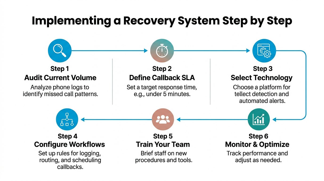 A six-step infographic detailing the process for implementing a missed call recovery system in a business.