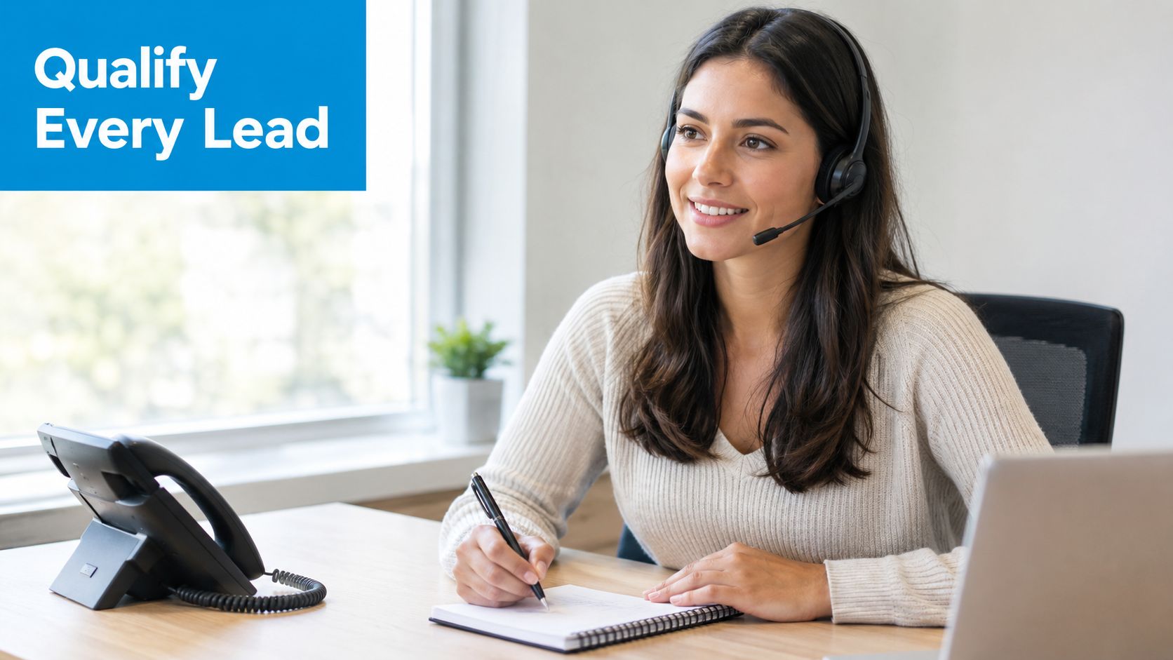 A smiling customer service representative wearing a headset writing notes while working at her office desk.