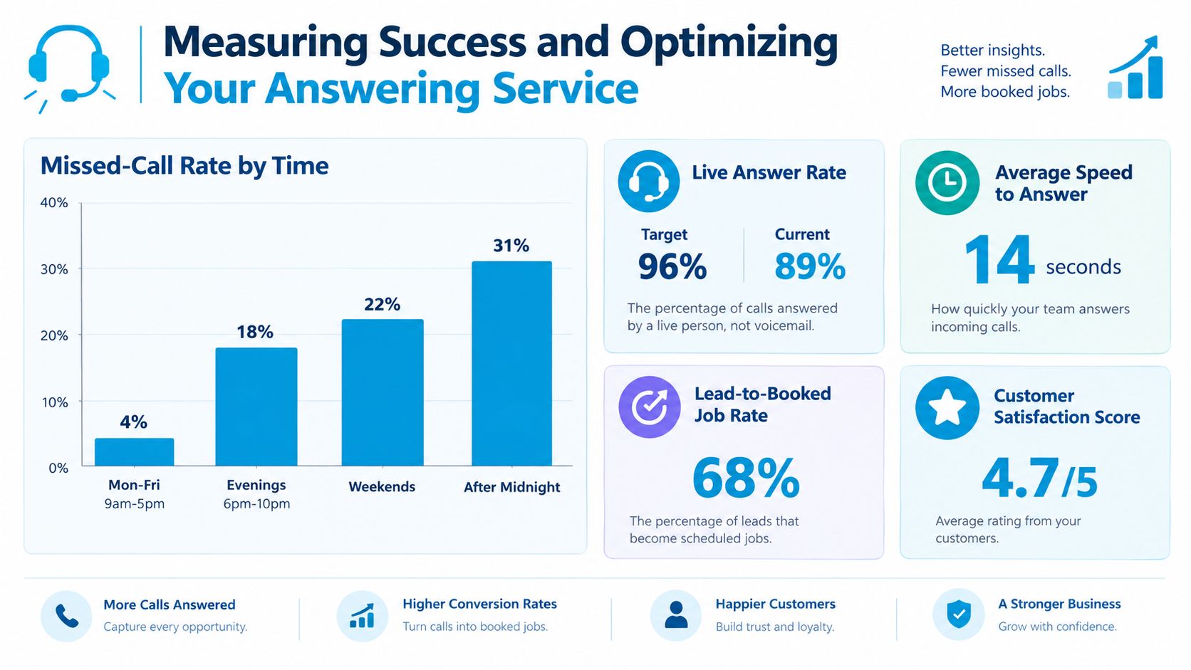 An infographic showing metrics for measuring success and optimizing a professional answering service for businesses.
