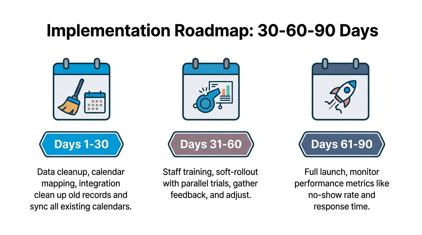 A 30-60-90 day implementation roadmap for setting up new appointment scheduling software systems.
