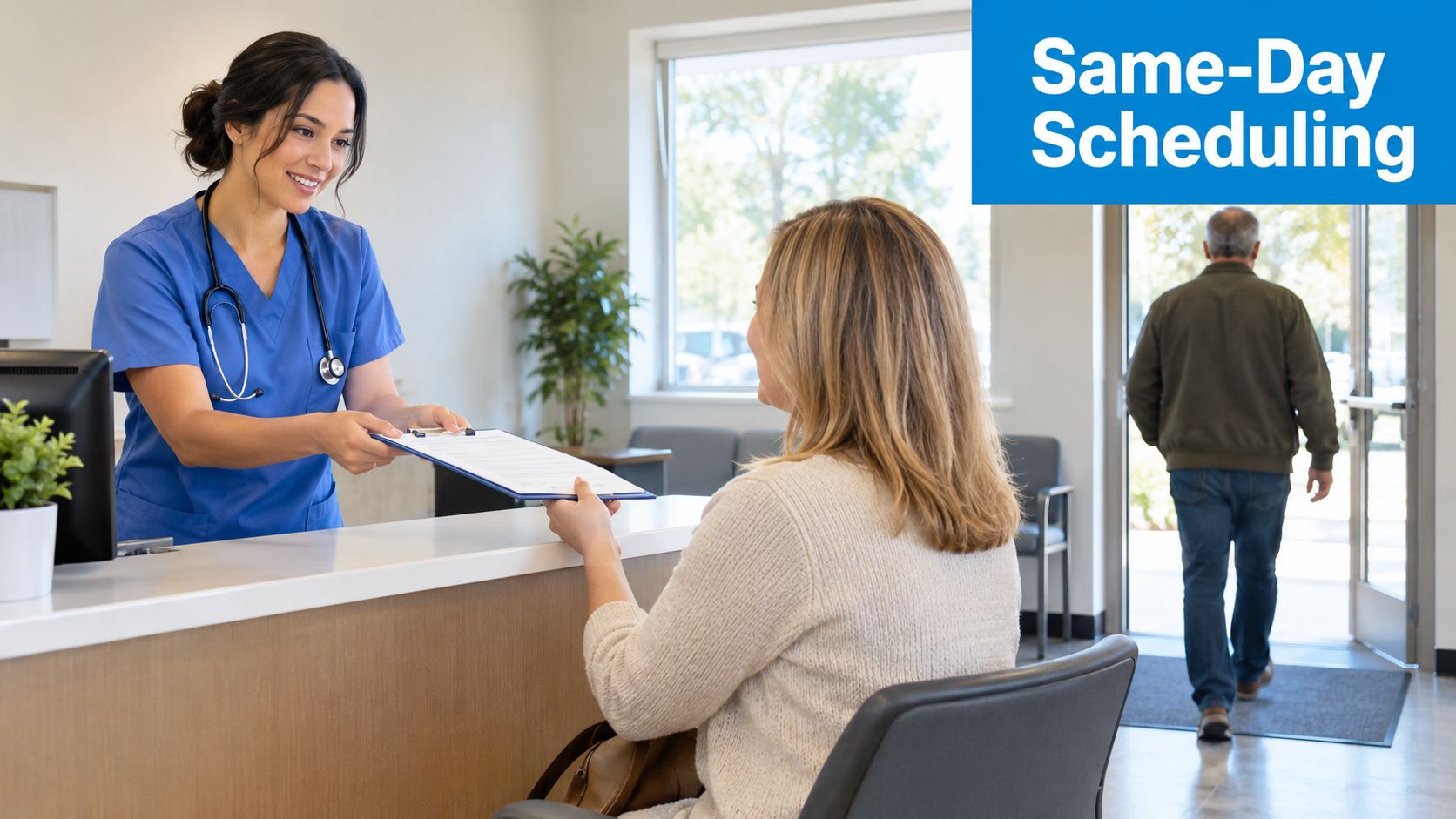 A smiling healthcare professional hands a clipboard with paperwork to a patient at a medical office reception.