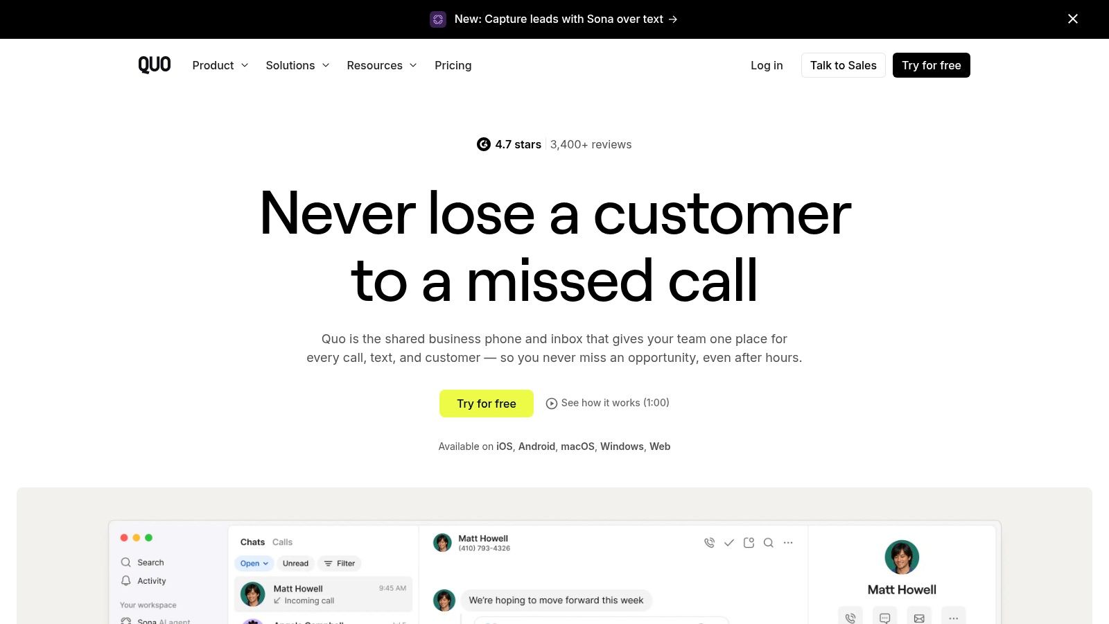 Quo, formerly OpenPhone, Sona AI voice agent