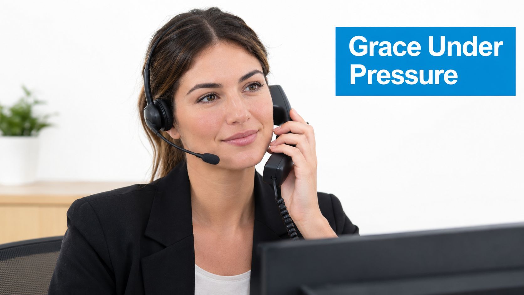 A professional receptionist wearing a headset smiling while speaking on the office telephone at her desk.