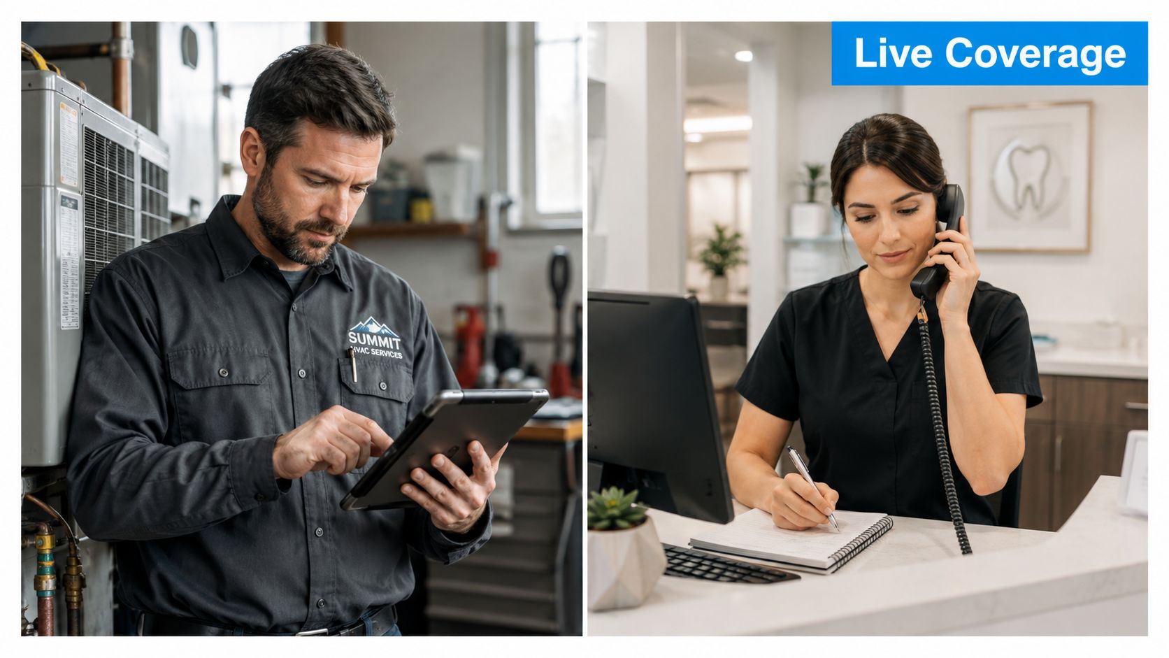 A split image showing an HVAC technician using a tablet and a receptionist taking notes while on call.