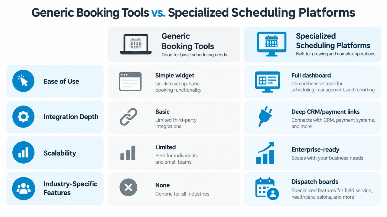 A comparison chart highlighting the differences between generic booking tools and specialized scheduling software platforms for businesses.