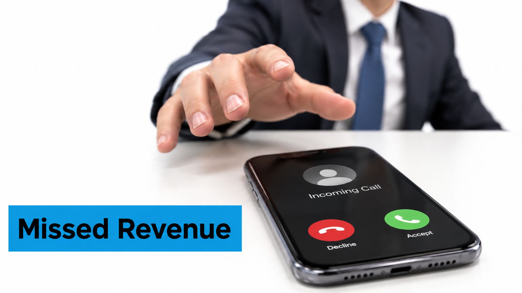 A businessman in a suit reaching toward a smartphone displaying an incoming call screen.