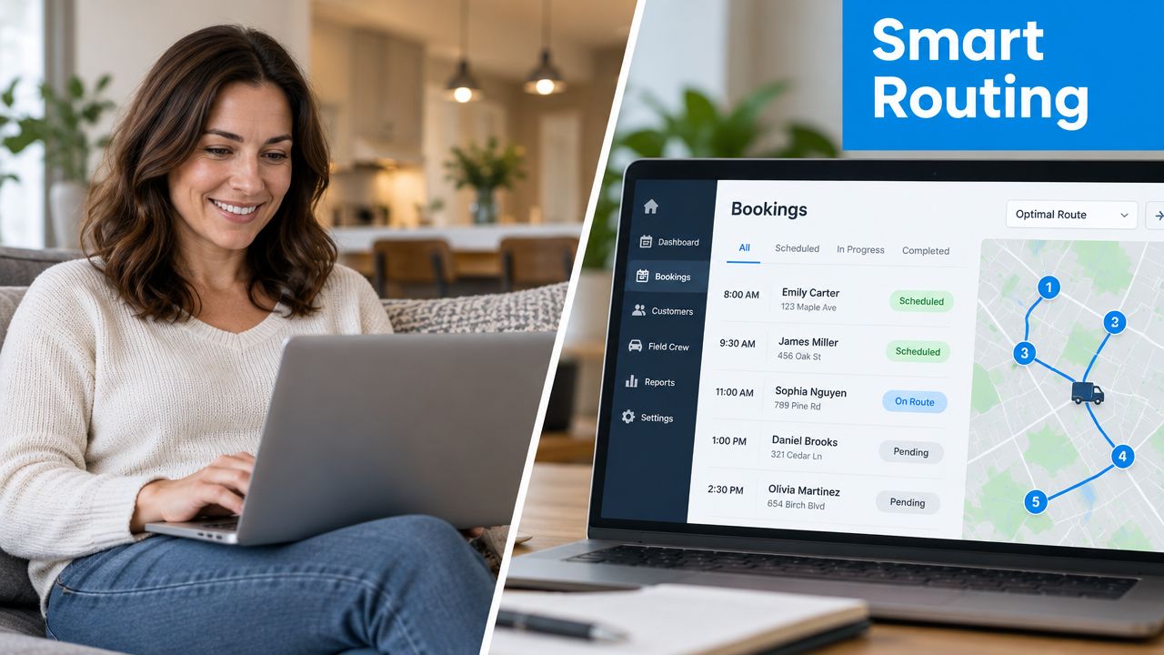 A woman using a laptop to view an AI-powered smart routing dashboard for professional scheduling and delivery management.