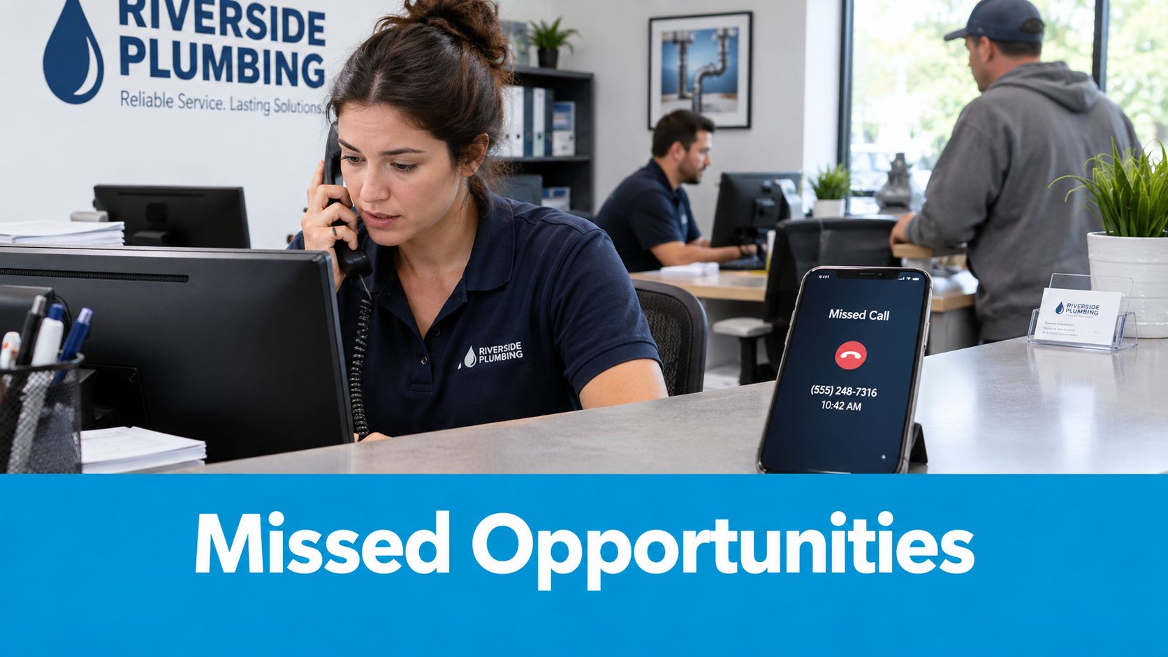 A professional receptionist at Riverside Plumbing handling a call while a missed call notification appears on a smartphone.