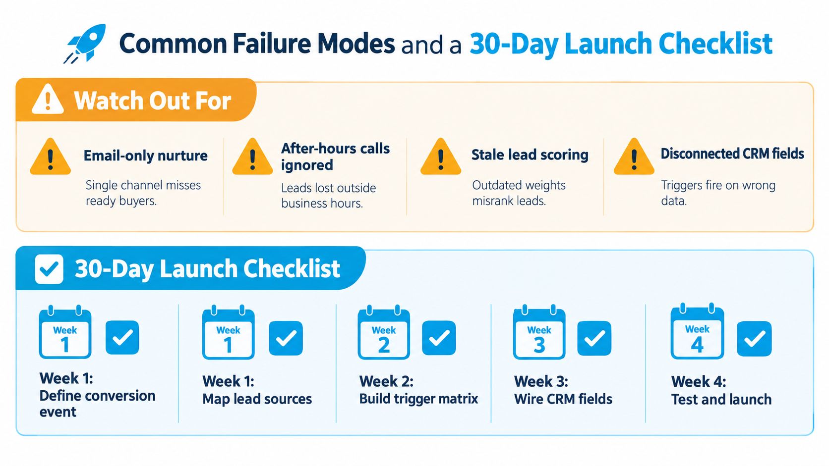 A visual guide outlining common failure modes in lead nurturing and a four-week project launch checklist.