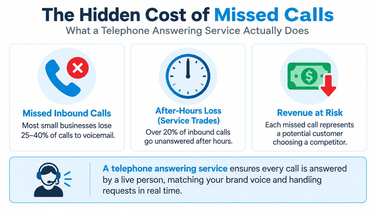 An infographic highlighting the financial impact of missed business calls and the benefits of answering services.