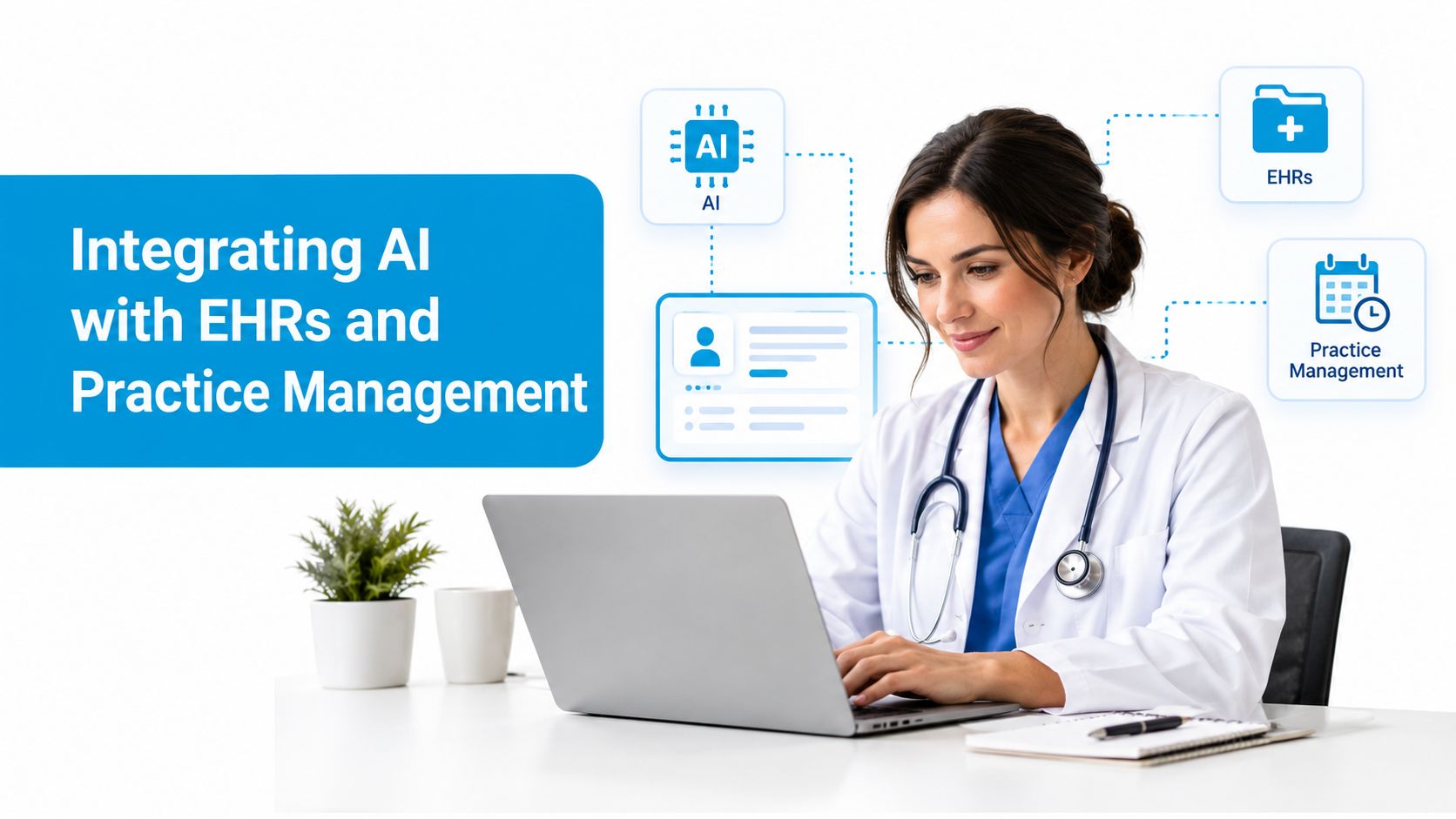 A female doctor in a white coat working on a laptop with digital medical icons floating above.