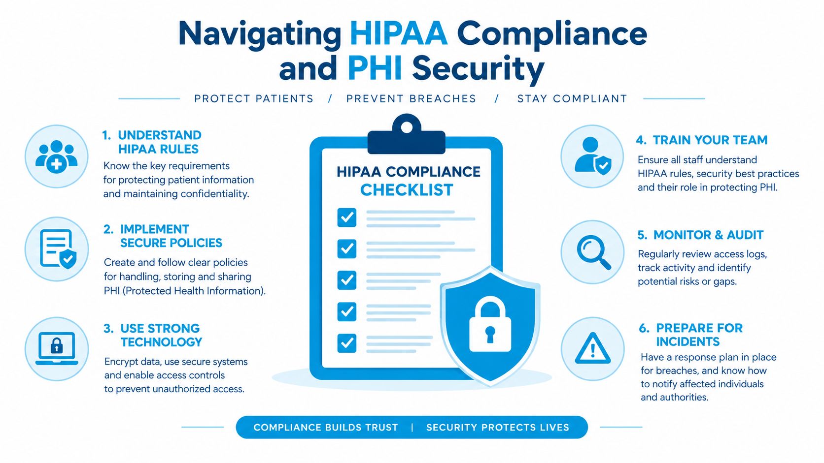 A professional infographic outlining six essential steps for healthcare organizations to maintain HIPAA compliance and secure patient information.