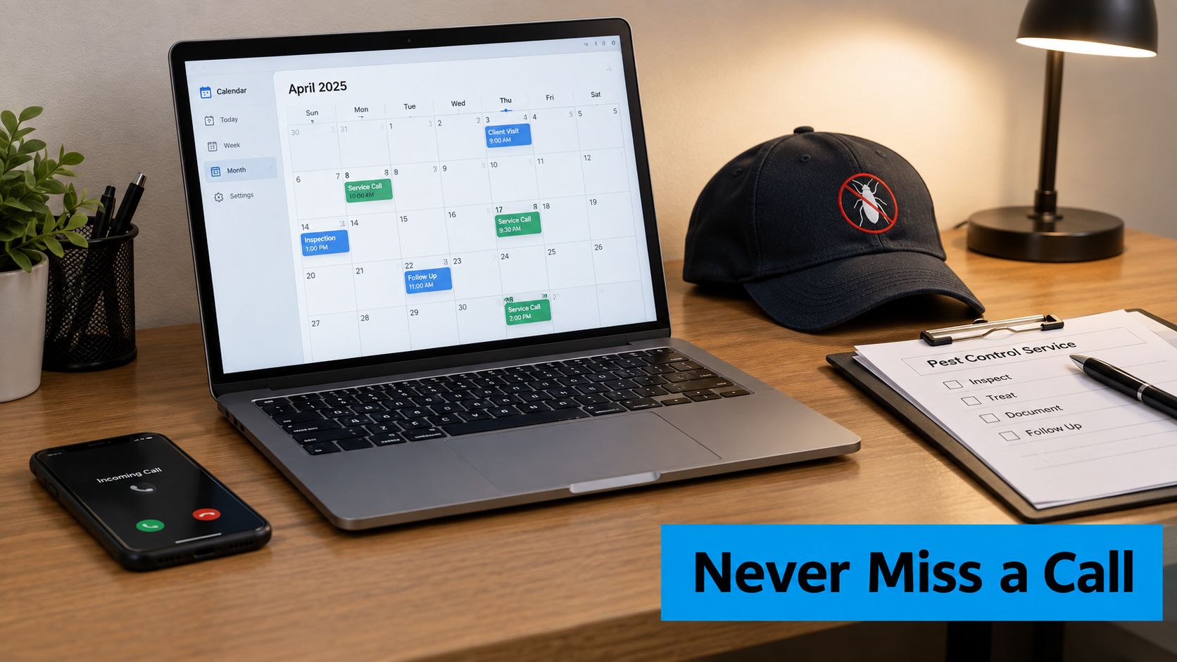 A pest control professional's desk featuring a laptop calendar, a branded hat, and service checklist for business management.