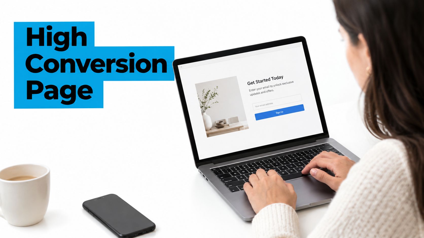 A woman working on a laptop displaying a high conversion landing page with an email sign up form.