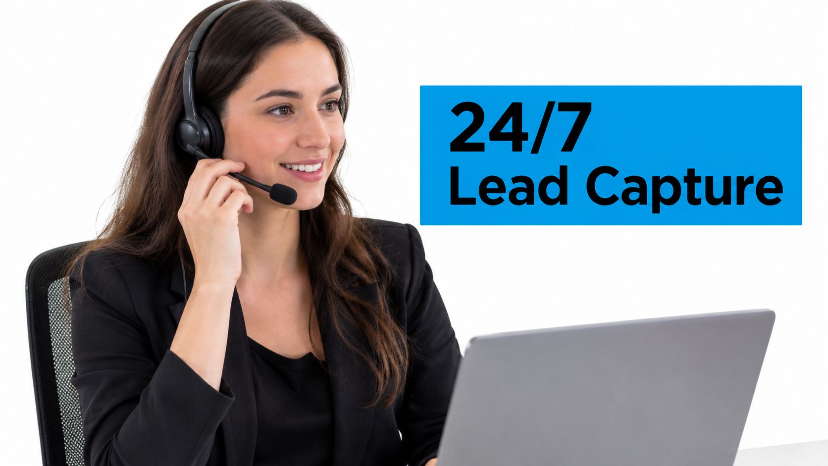 A professional customer service representative wearing a headset while working on a laptop computer