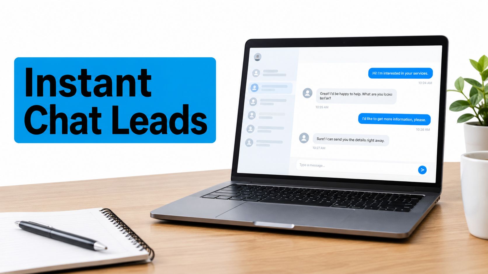 A laptop on a desk showing a chat interface for generating instant leads for business growth.