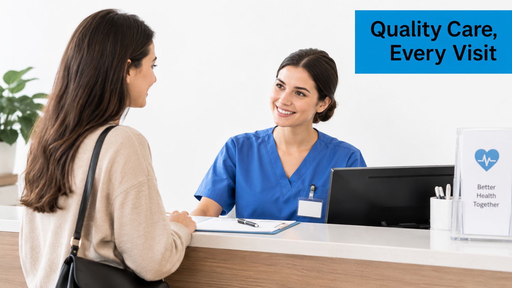 A friendly medical receptionist smiling and assisting a patient at a modern clinical reception desk.
