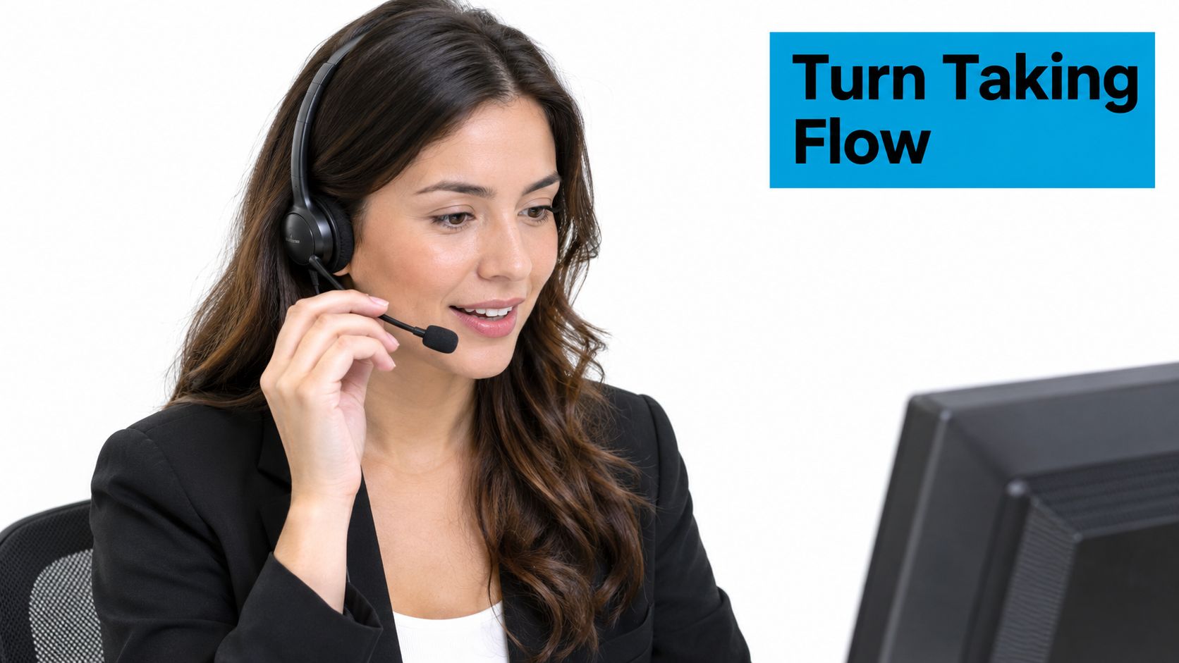 A friendly customer service representative wearing a headset and smiling while working at a computer workstation.