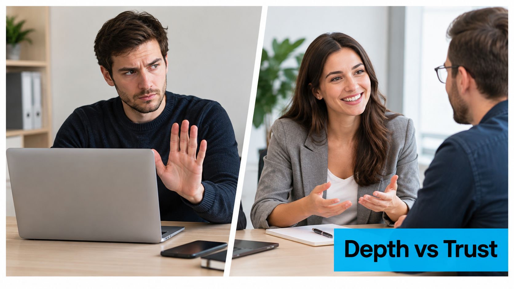 A split-screen comparison showing a skeptical man working on a laptop and a smiling woman talking to a colleague.