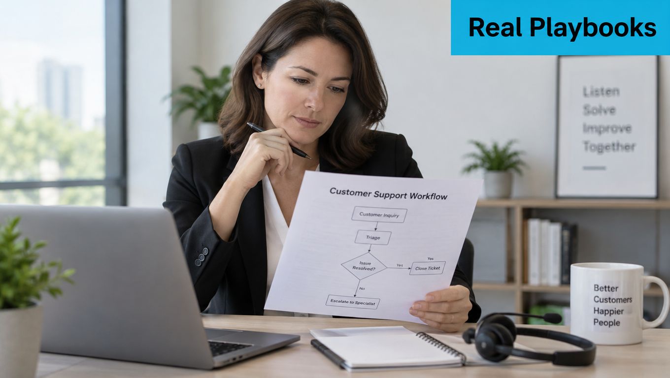 A professional woman in an office reviewing a customer support workflow document while working at her desk.