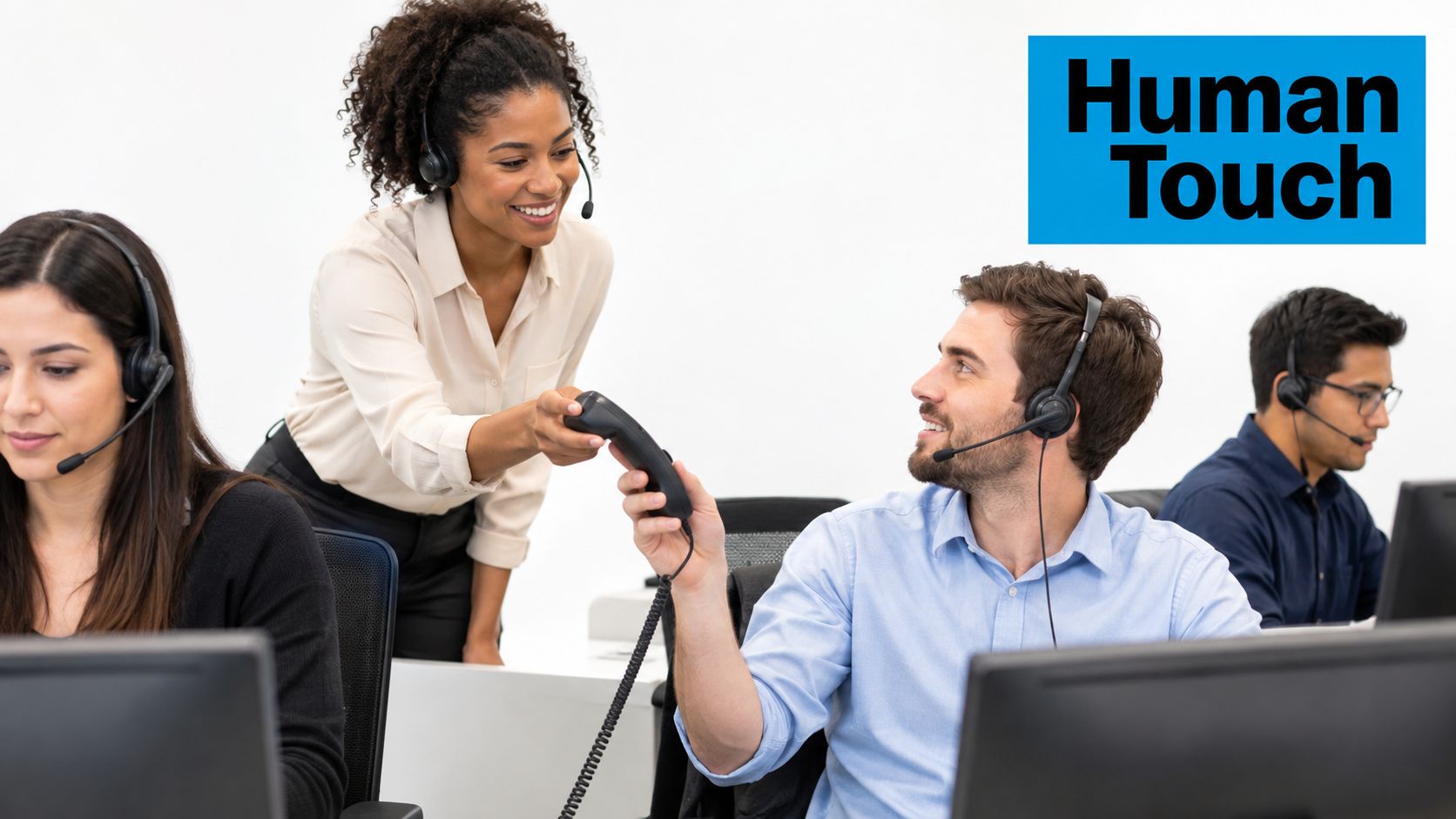 A smiling female team leader hands a desk phone handset to a male customer support agent.