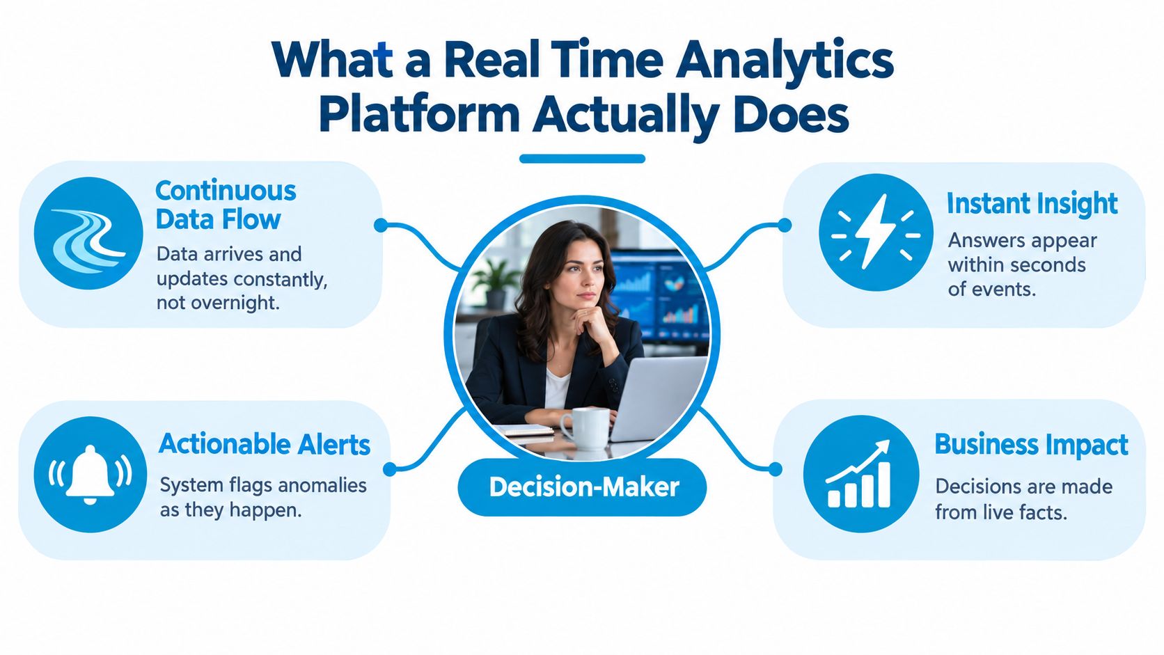 A professional woman uses a real-time analytics platform to make informed business decisions using live data.