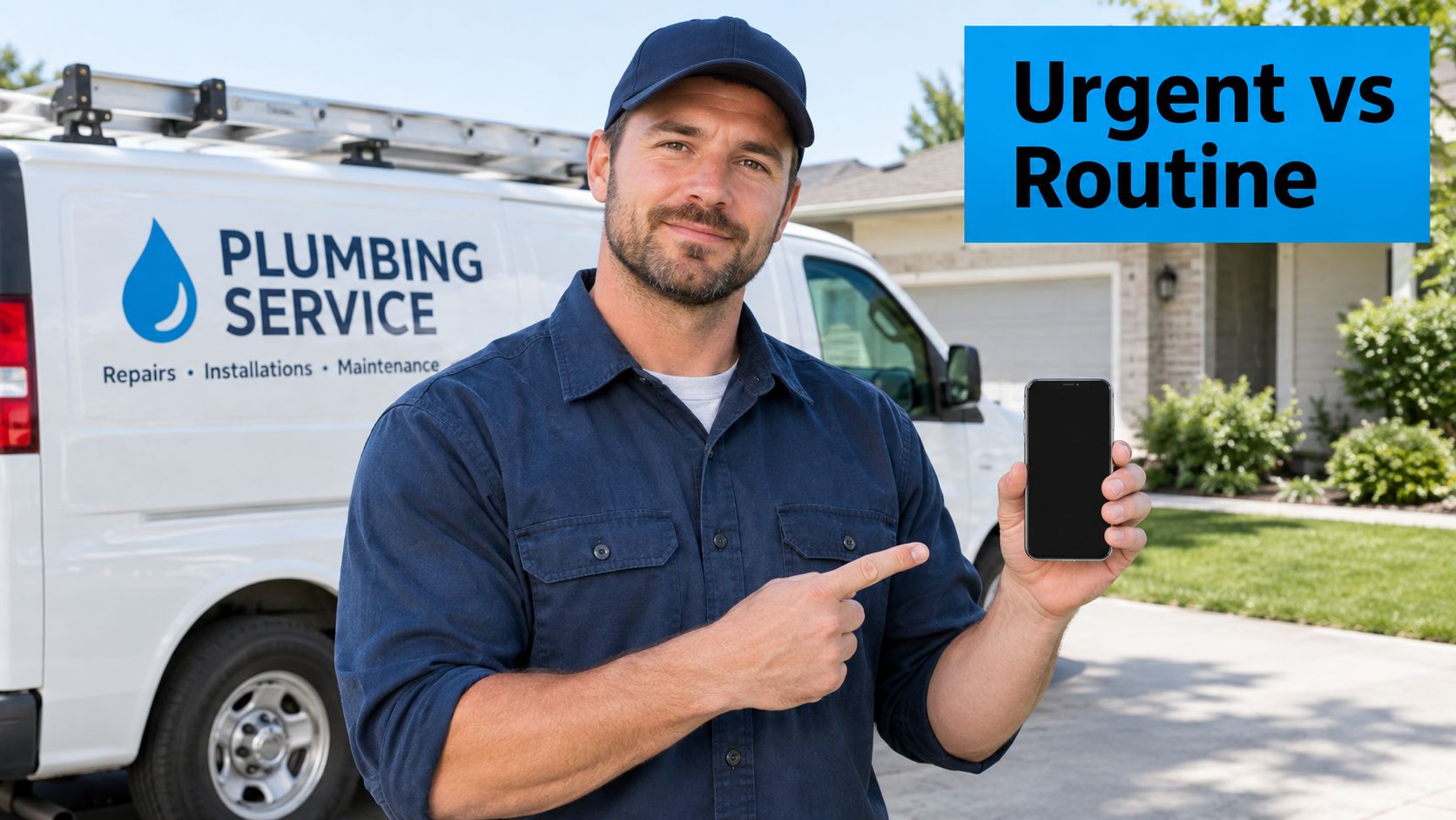 A professional plumber in uniform holding a blank smartphone while standing in front of a service van.
