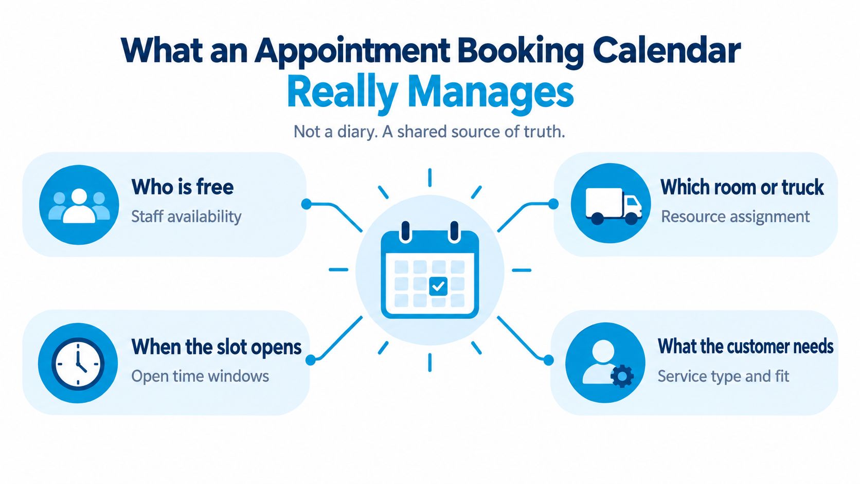 An infographic titled What an Appointment Booking Calendar Really Manages, highlighting four key aspects of scheduling systems.