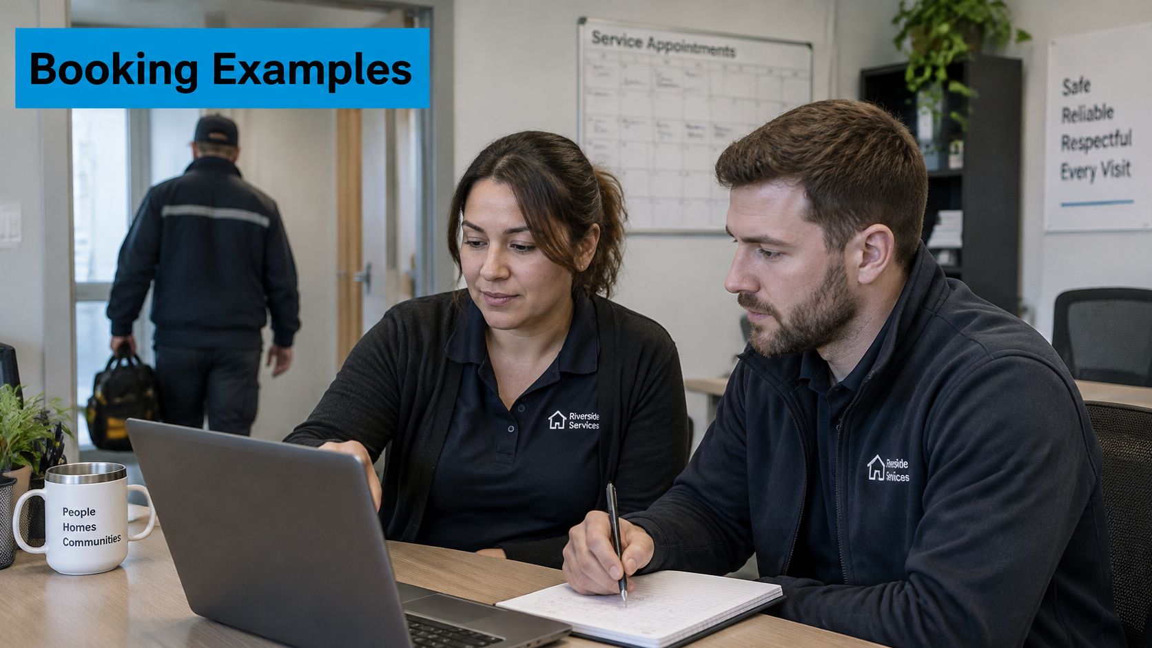 A woman and man from Riverside Services review an appointment booking calendar on a laptop at work.