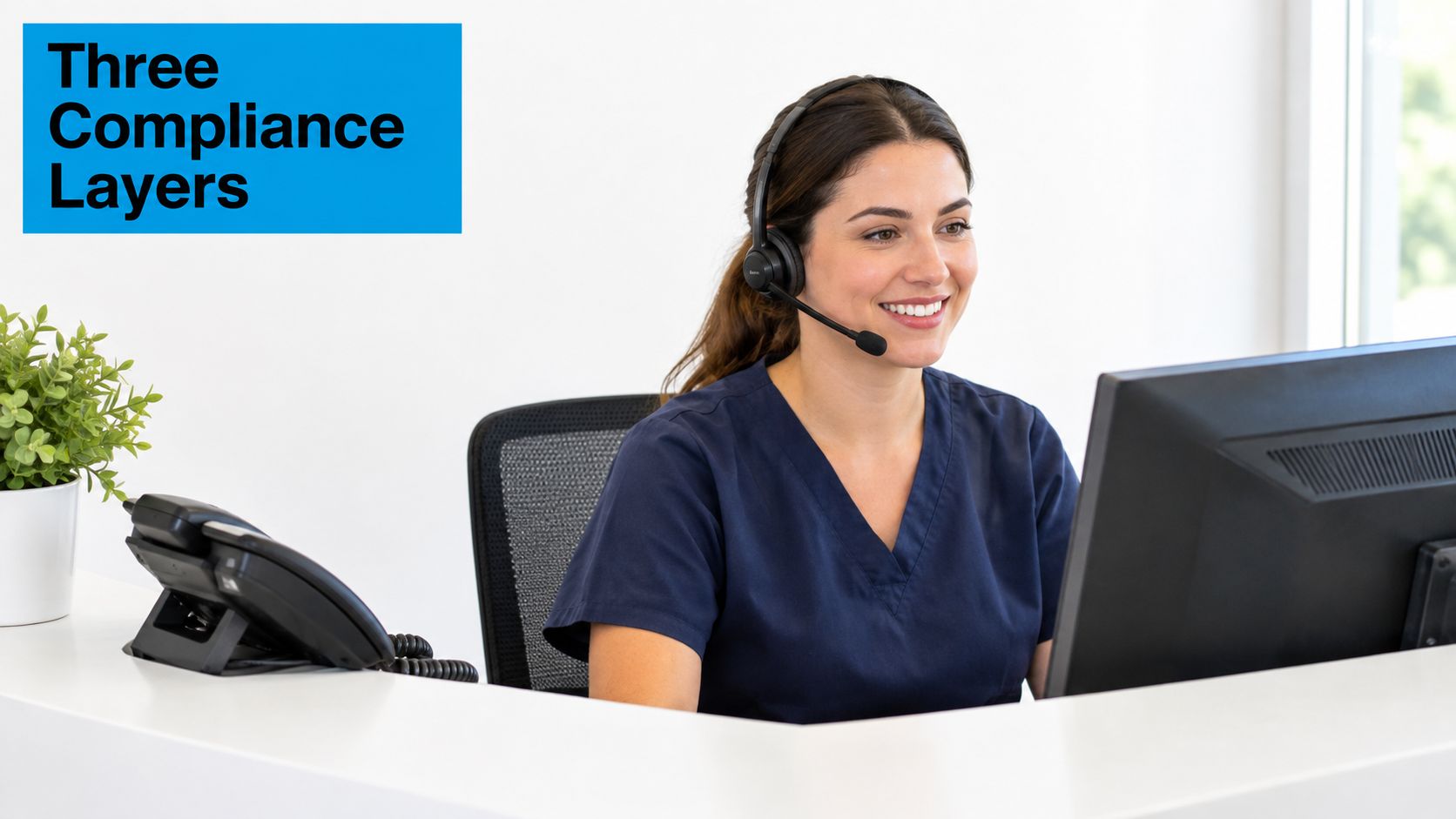 A friendly receptionist wearing a headset at a white desk in a modern office environment.