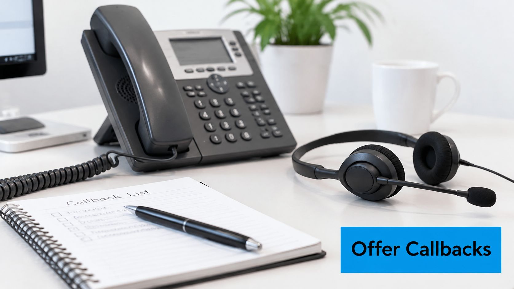 A professional desk workspace with a landline telephone, a headset, and a notepad labeled callback list.