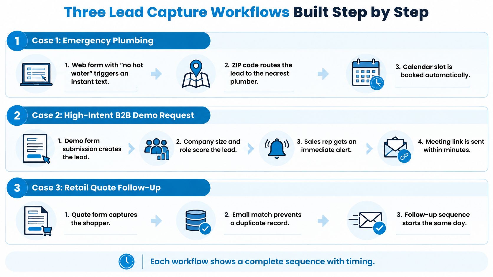 A diagram illustrating three different lead capture automation workflows for emergency plumbing, B2B demos, and retail quotes.