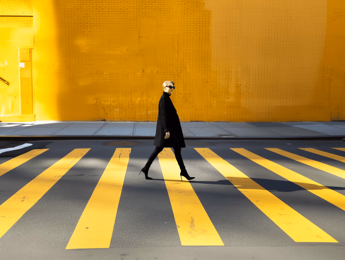 Woman Crossing Zebra Crossing Against Yellow Wall