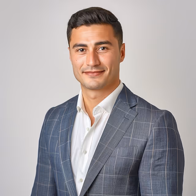 Smiling man with short dark hair wearing a white shirt and a gray checked blazer against a plain light background.