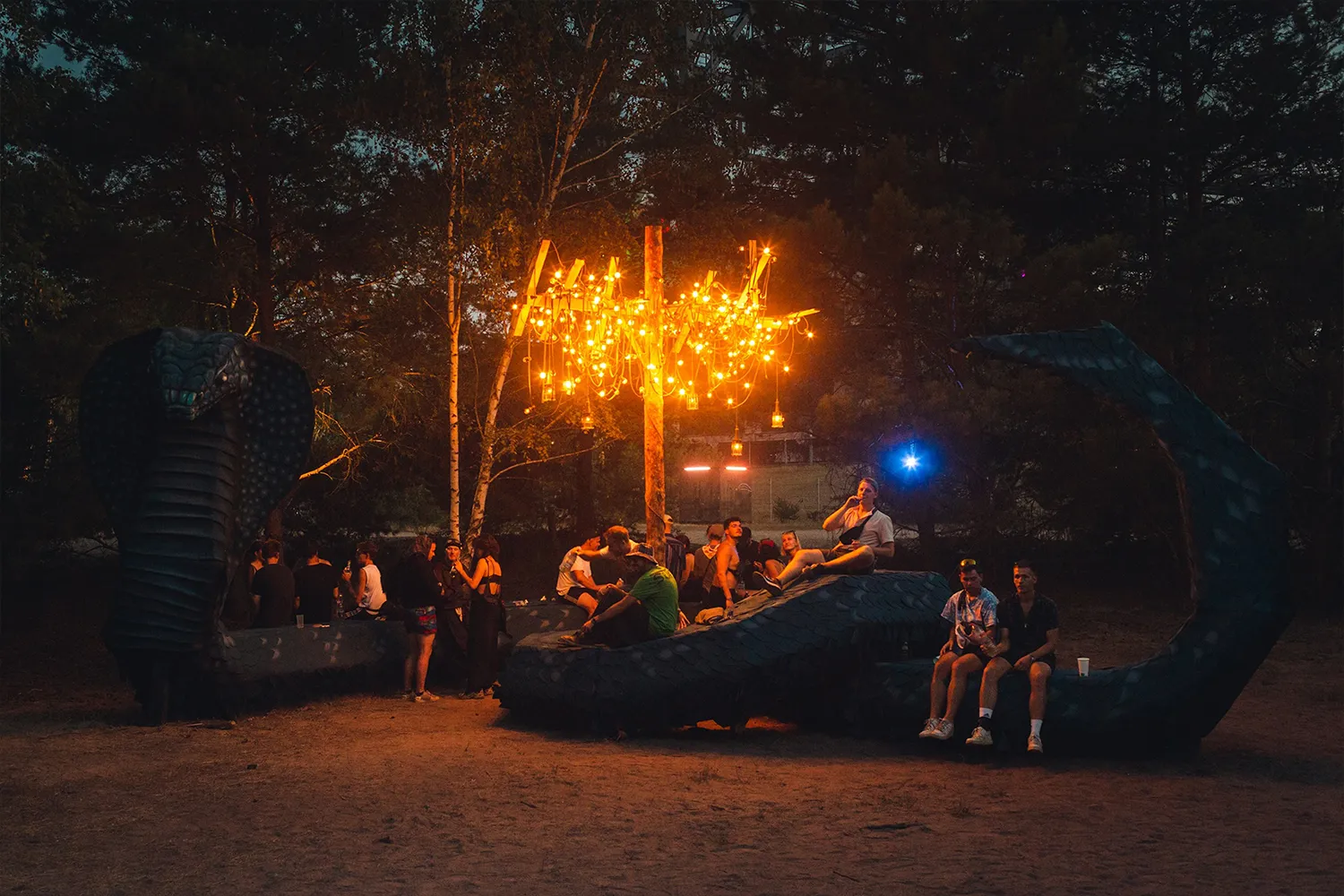 Menschen sitzen im dunkeln unter einem erleuchteten Baum.