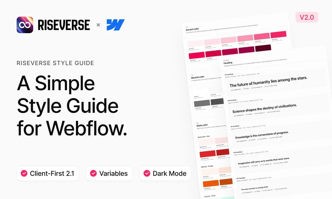 RiseVerse simple Webflow style guide in light mode