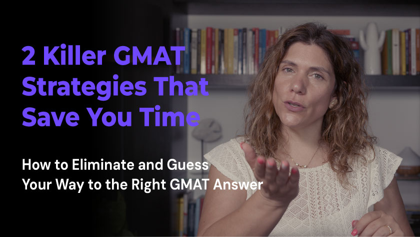 Woman with shoulder-length curly hair gestures while explaining GMAT strategies, with text reading '2 Killer GMAT Strategies That Save You Time - How to Eliminate and Guess Your Way to the Right GMAT Answer'.