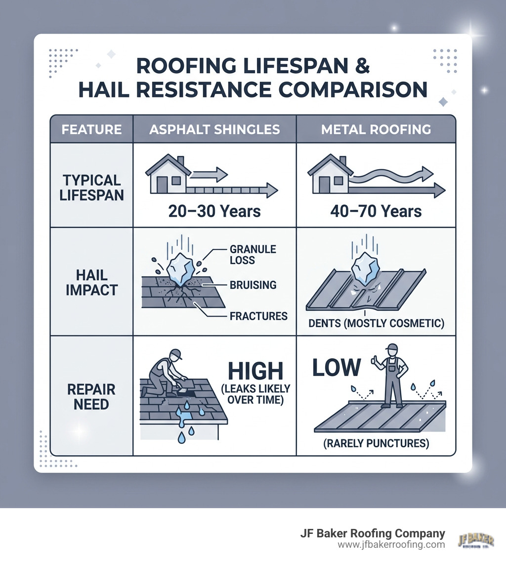 Table comparing asphalt vs metal roof lifespan and hail resistance - hail damage roof repair near me infographic 