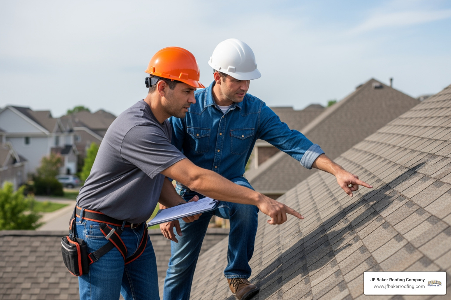 roofing professional and insurance adjuster inspecting a roof together - hail damage roof repair near me