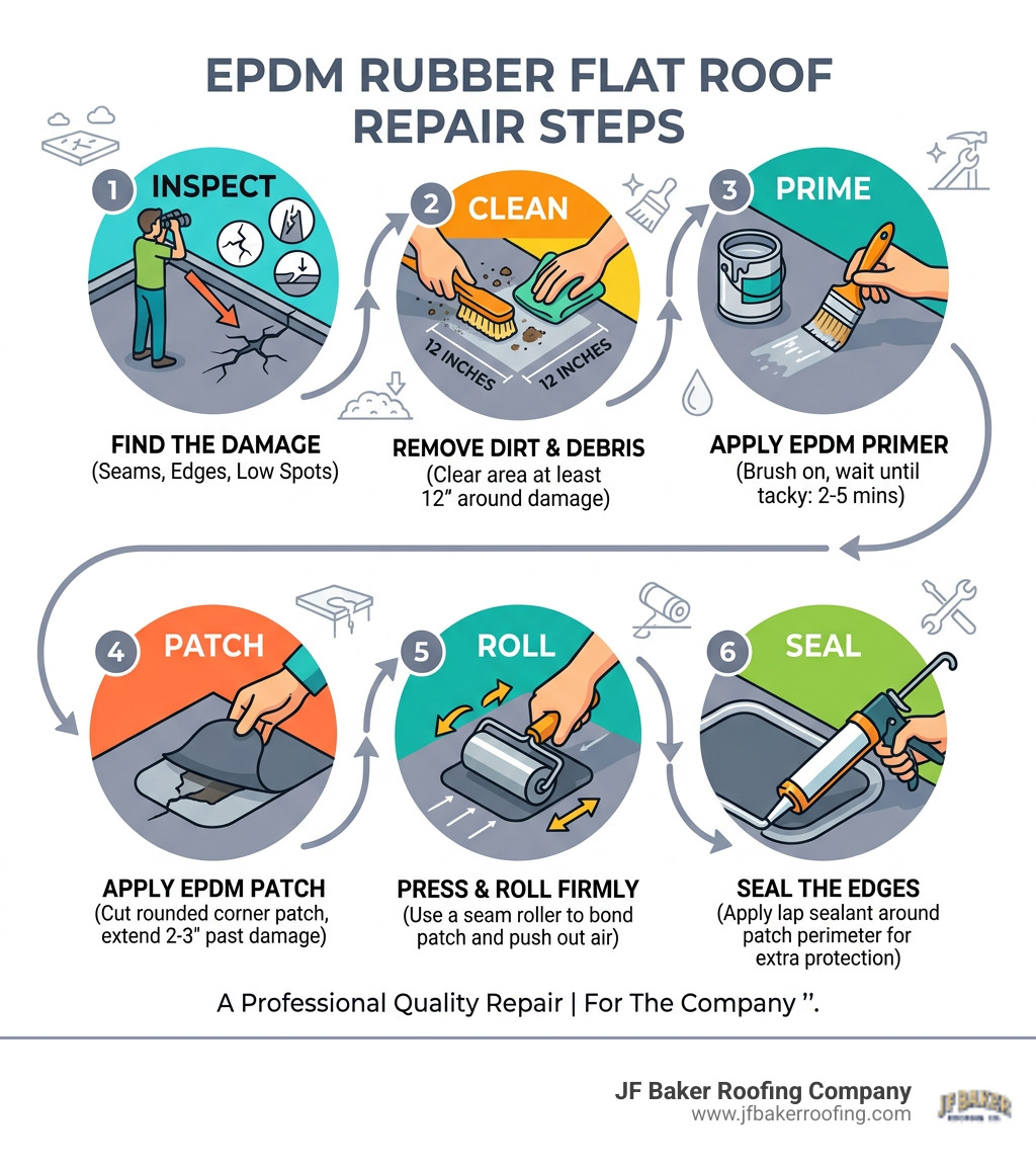 EPDM rubber flat roof repair steps infographic showing inspect, clean, prime, patch, roll, and seal - rubber flat roof