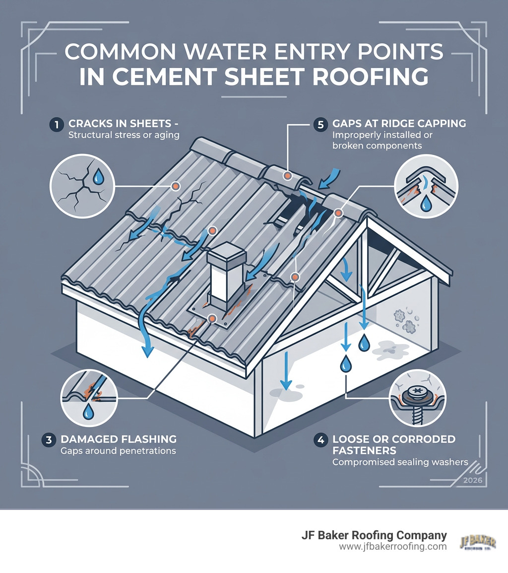 Common water entry points in cement sheet roofing infographic - cement sheet water leakage solution infographic Common water entry points in cement sheet roofing infographic - cement sheet water leakage solution infographic