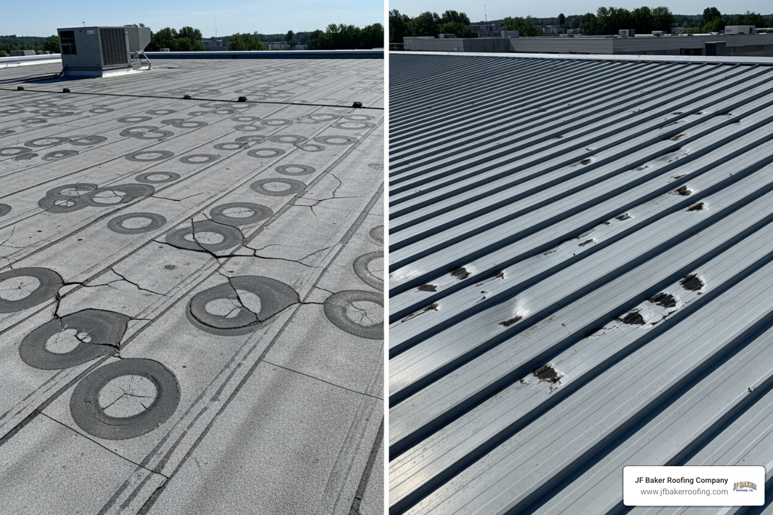 Comparison of hail impact on TPO membrane versus metal roofing panels - hail damage commercial roofing Comparison of hail impact on TPO membrane versus metal roofing panels - hail damage commercial roofing