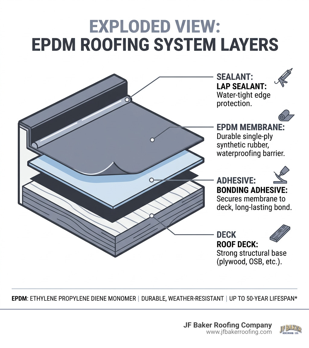 Infographic showing layers of an EPDM roofing system including deck, adhesive, membrane, and sealant - epdm rubber roof kit Infographic showing layers of an EPDM roofing system including deck, adhesive, membrane, and sealant - epdm rubber roof kit