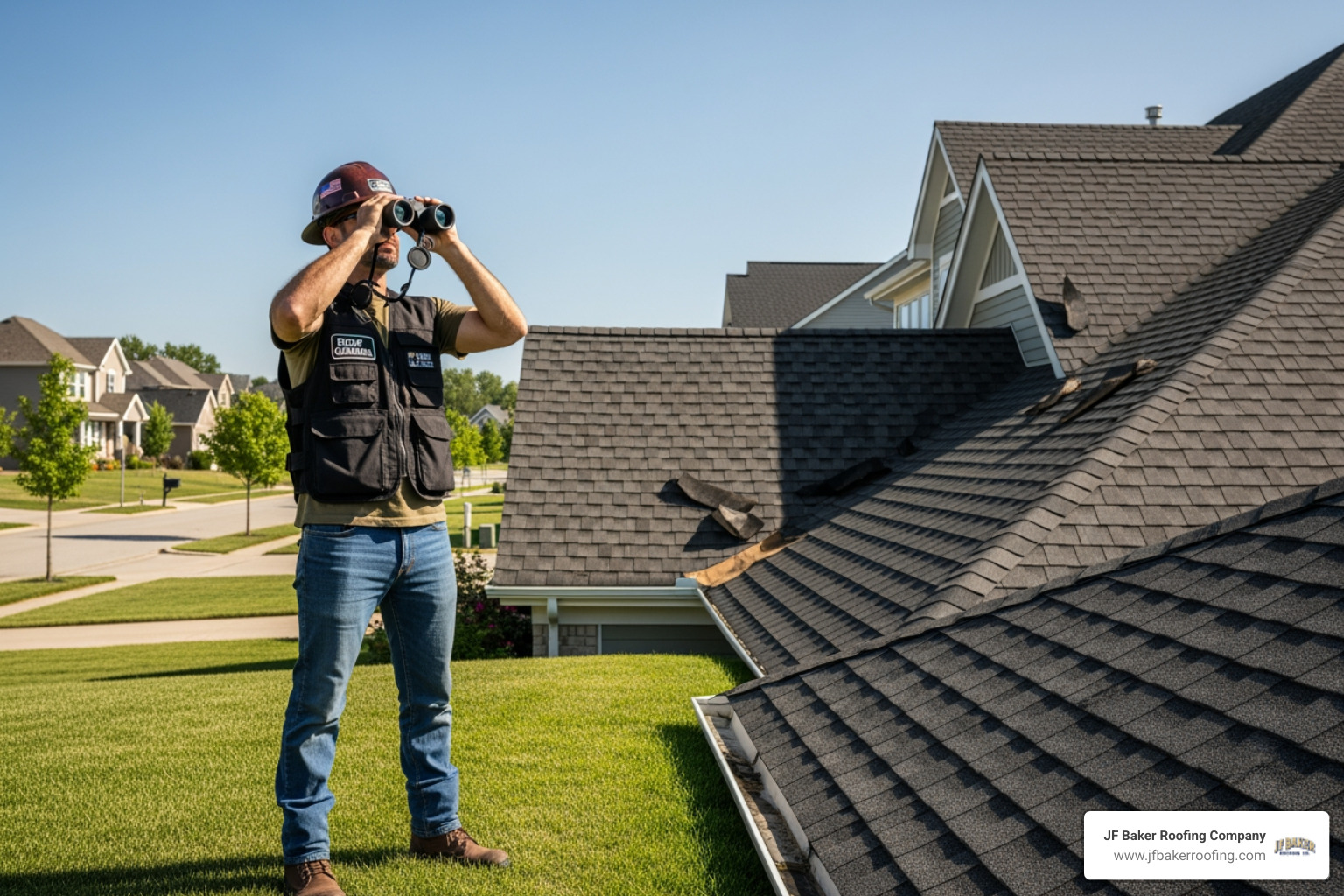 Professional roofer using high-powered binoculars to inspect roof shingles from the ground - roof inspection after storm Professional roofer using high-powered binoculars to inspect roof shingles from the ground - roof inspection after storm