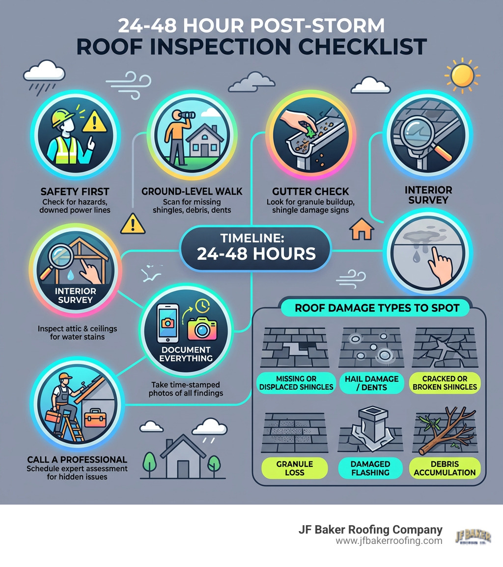 Infographic showing 24-48 hour post-storm roof inspection checklist with steps and damage types - roof inspection after Infographic showing 24-48 hour post-storm roof inspection checklist with steps and damage types - roof inspection after